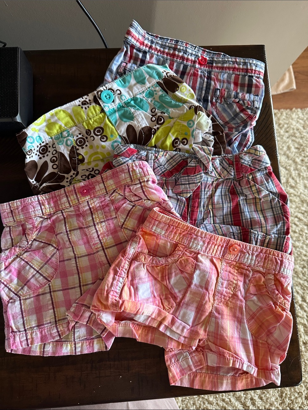 Girls Mix & Match Plaid and Patterned Shorts - Pink, Coral, Green, Brown